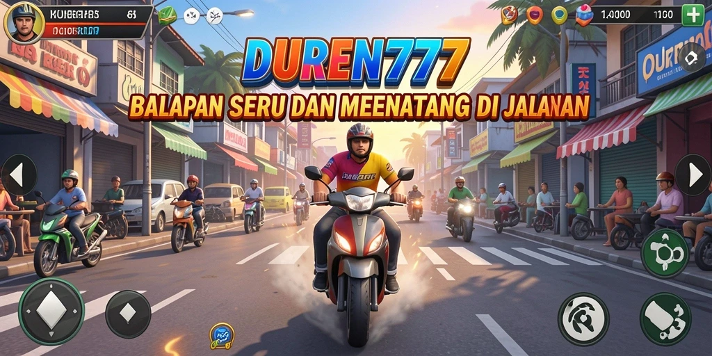 Tangkapan layar gameplay DUREN777 menampilkan balapan mendebarkan di jalanan yang ramai.