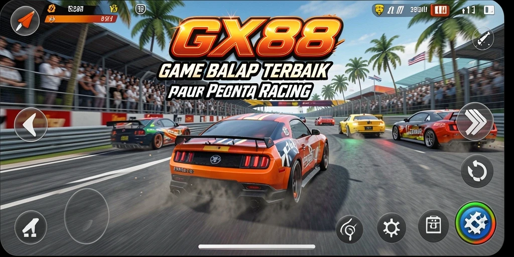 Tangkapan layar gameplay GX88 yang menunjukkan balapan seru di trek yang menantang.
