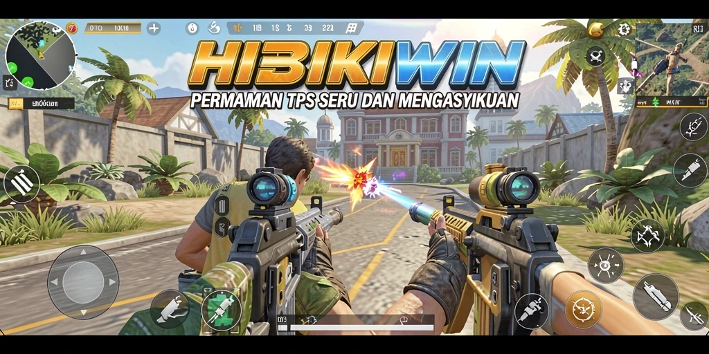 Tangkapan layar utama HIBIKIWIN menampilkan aksi seru dalam permainan TPS.