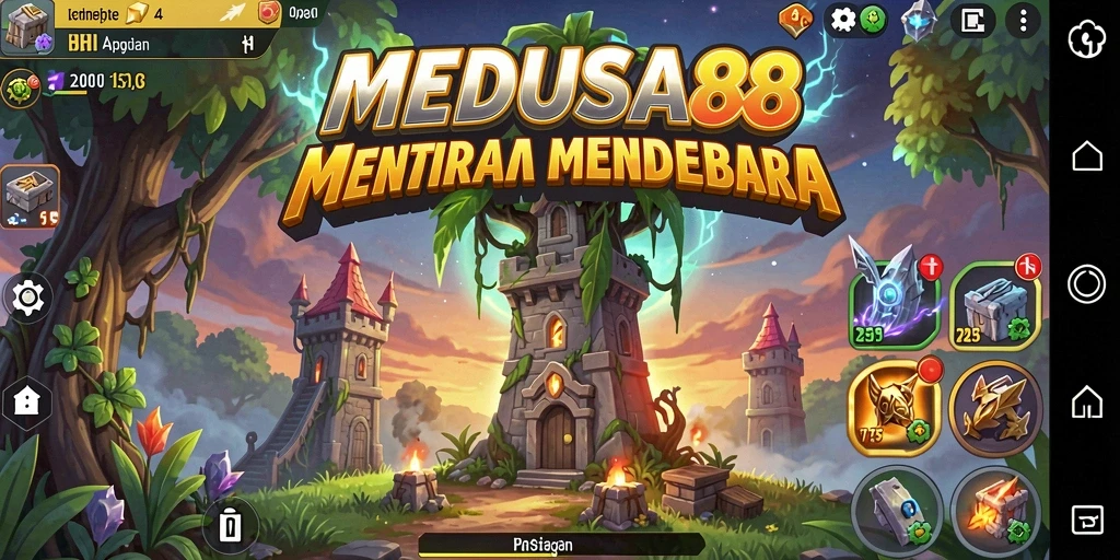 Screenshot gameplay MEDUSA88 dengan aksi menara pertahanan yang intens.