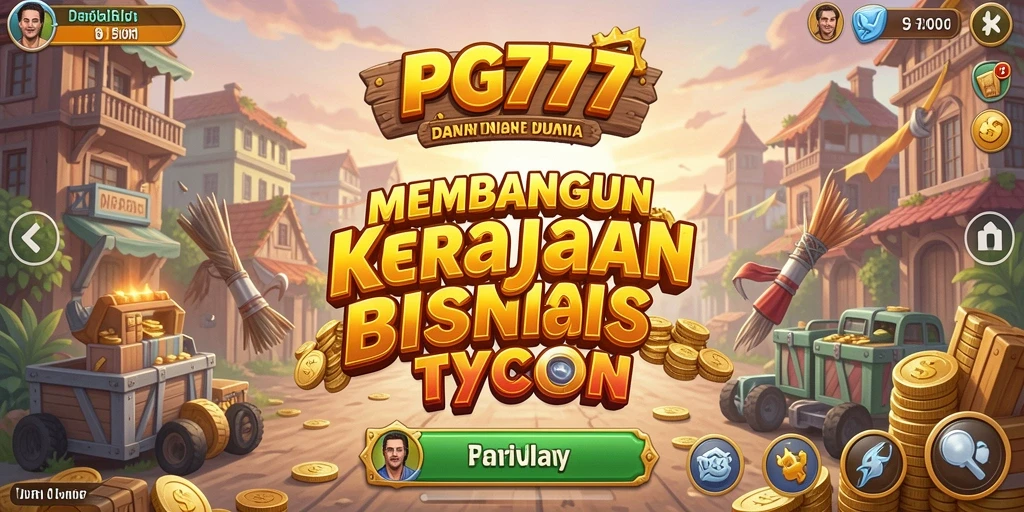 Tampilan gameplay PG777 yang menampilkan pembangunan dan pengelolaan bisnis.